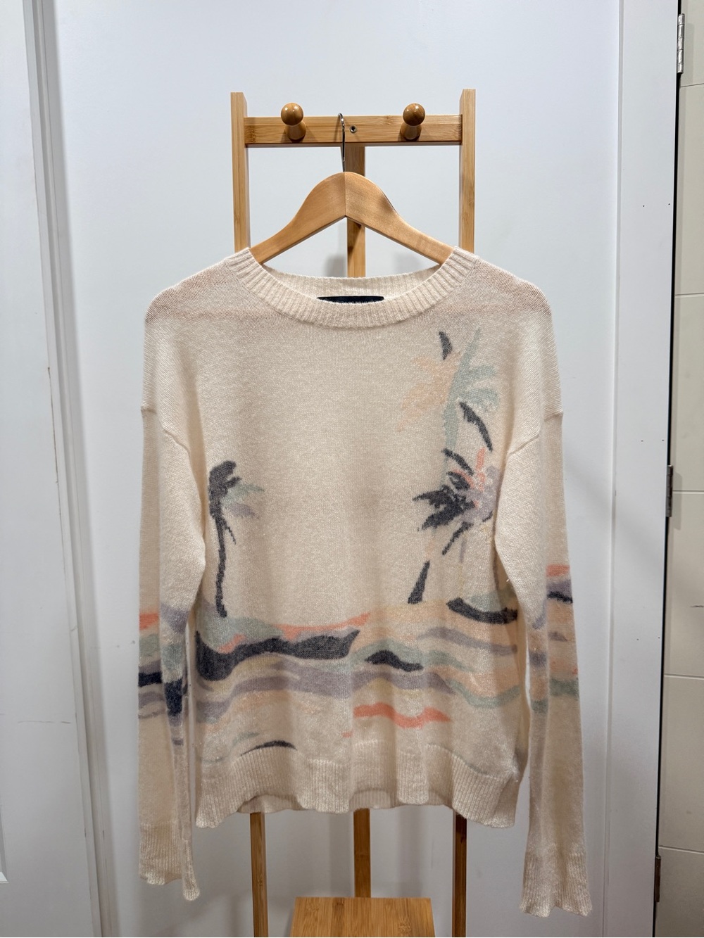 360 Cashmere Cream Crewneck Sweater with Pastel Palm Print